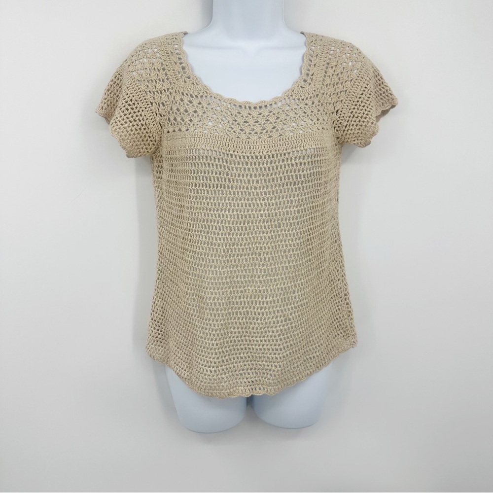 Vintage Y2K Tan Crochet Short Sleeve Shirt Size Petite XS Boho Festival Fairy
